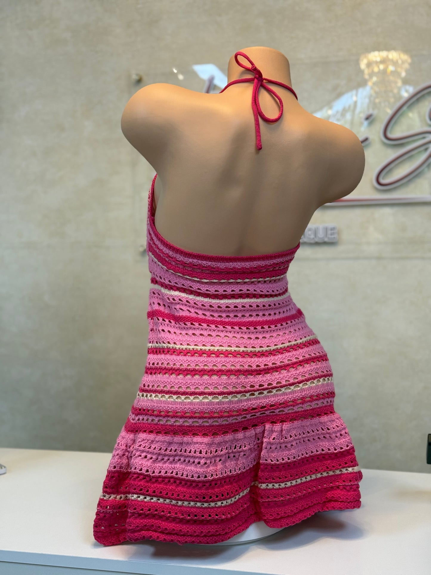 Chic Pink, Red and White Striped Short Dress
