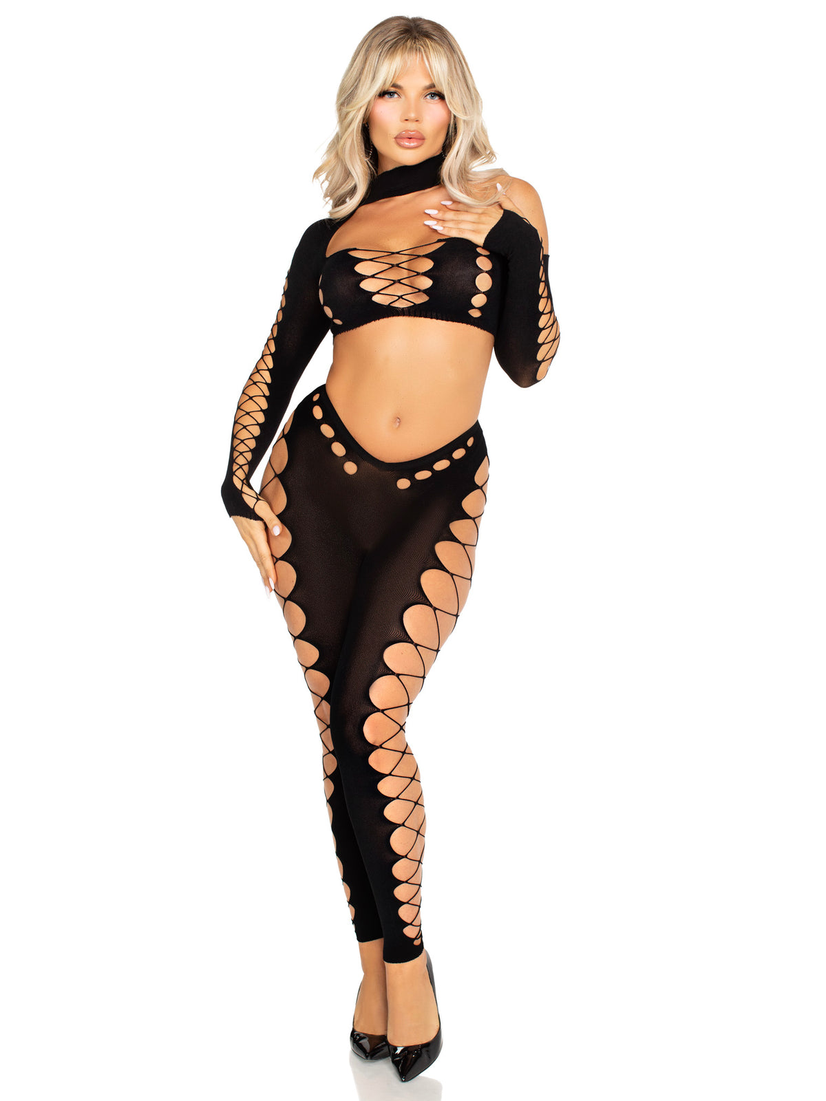 Black 2 PC Seamless Asymmetrical Cut-Out Crop Top and Footless Tights 89349