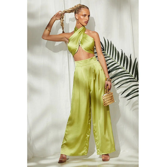2 pieces set halter wide legs
