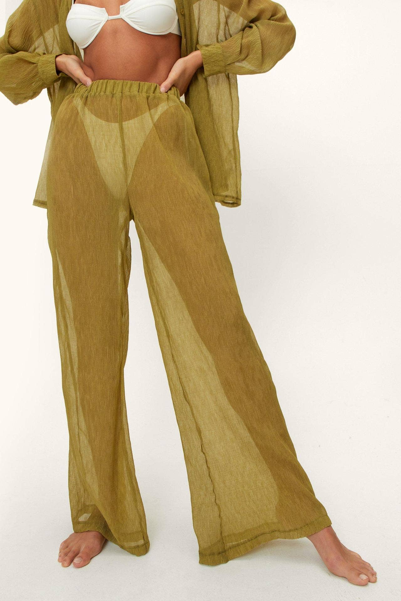Beach cover up shirt pants set sheer sunscreen 2 pcs