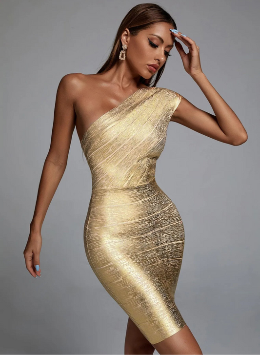 One shoulder gold dress