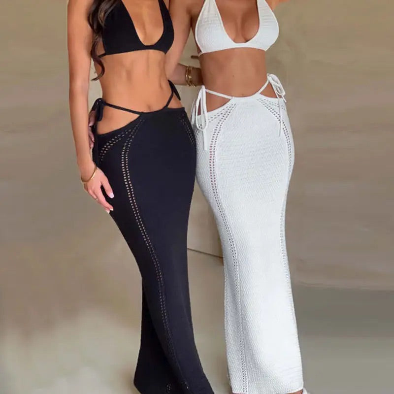Sexy Backless Strappy Vest Skirt Set white “Large”