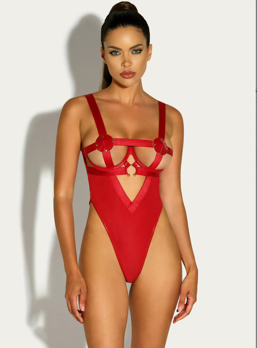 OPEN CUP VINYL TEDDY WITH ATTACHED PASTIES AND PIERCING DETAILS