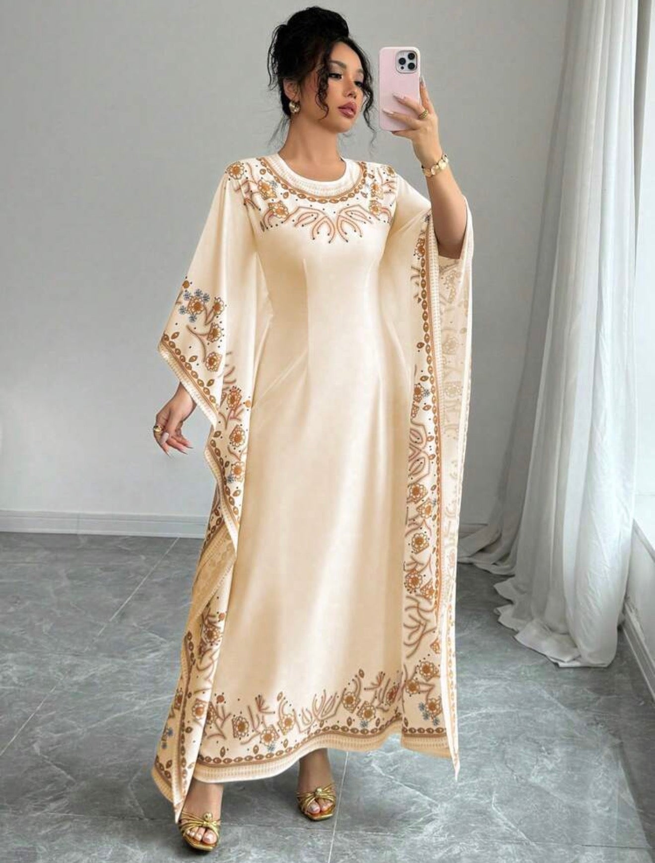 Elenzya Elegant Waist-Cinched Round Neck Long Floral Print Dress For Women, Suitable For Formal Occasion