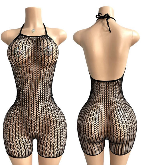 E-W46 Fishnet Rhinestone Romper Dancing