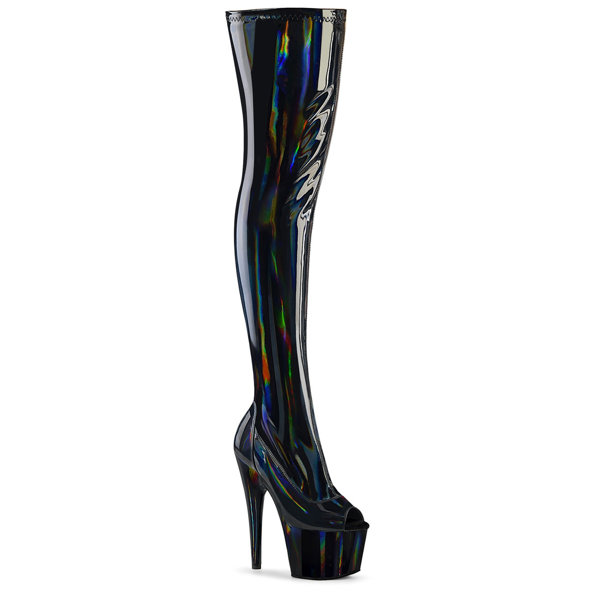 Holographic Thigh High Platform Boots | ADORE-3011HWR Black Iridescent 7-Inch Heels | Exotic Dancewear & Performance Boots | Rosario’s Boutique