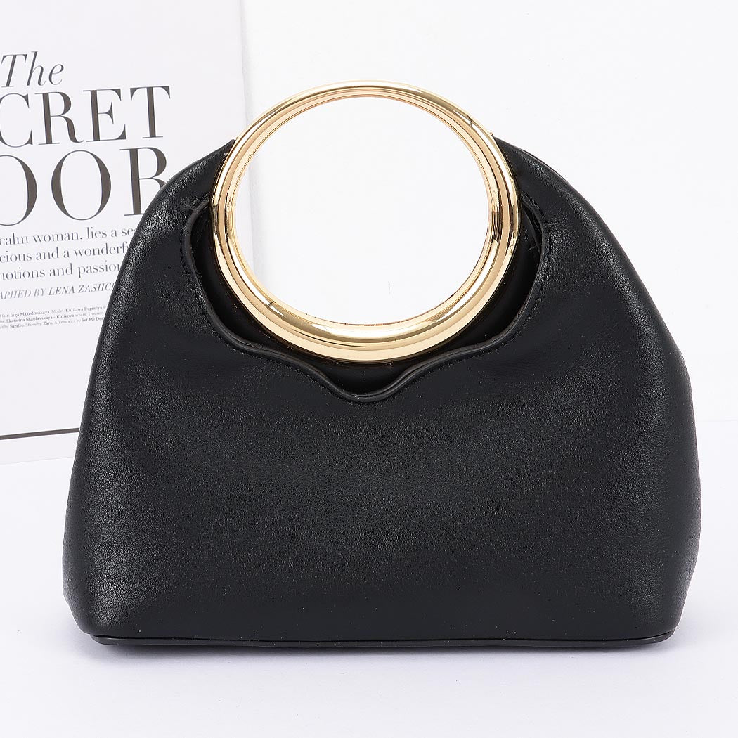 Faux Leather Round Metal Handle Bag Black