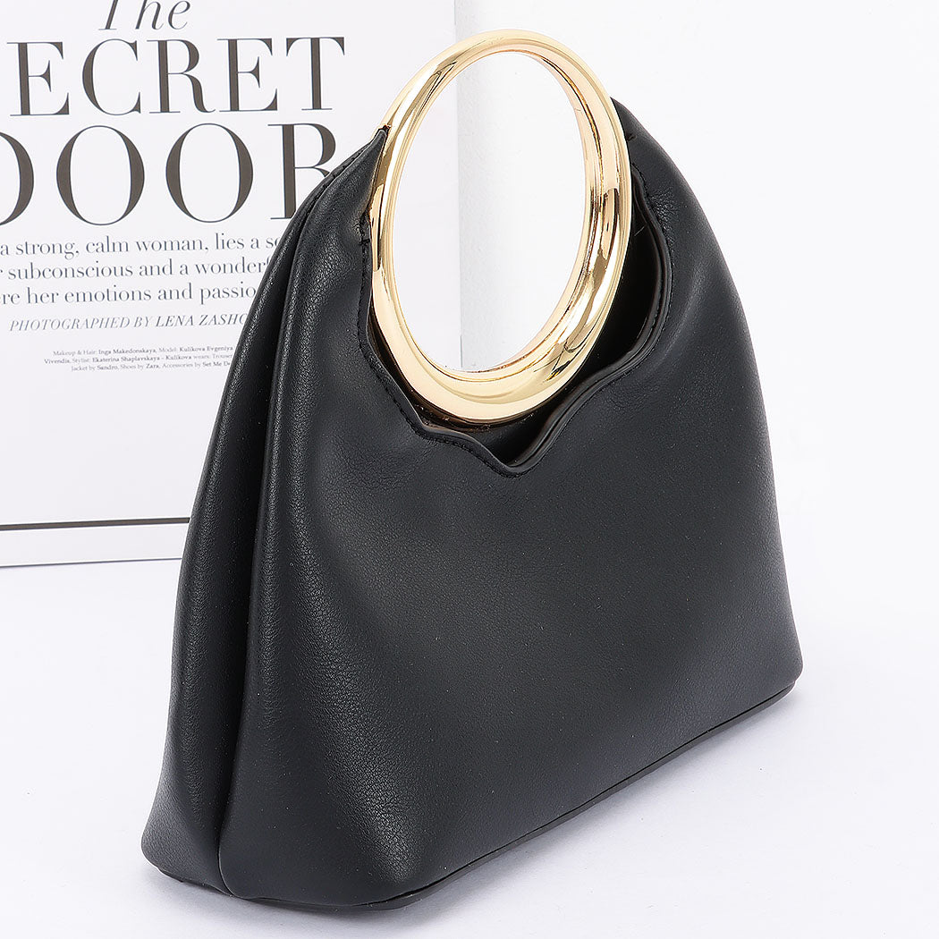 Faux Leather Round Metal Handle Bag Black