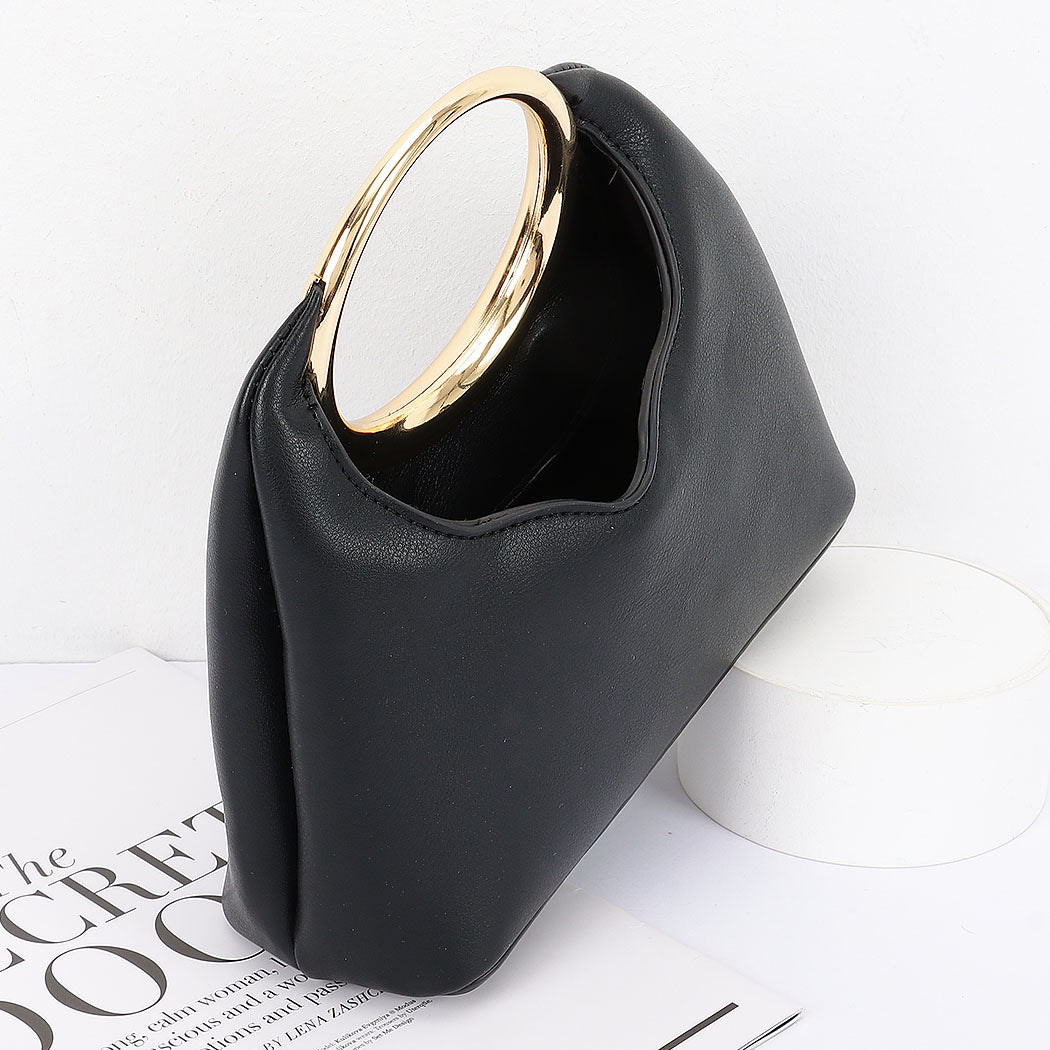 Faux Leather Round Metal Handle Bag Black