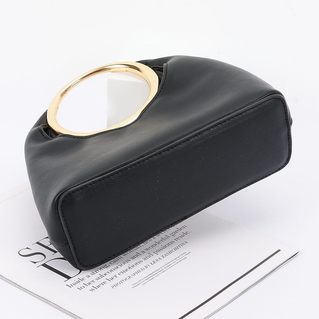 Faux Leather Round Metal Handle Bag Black