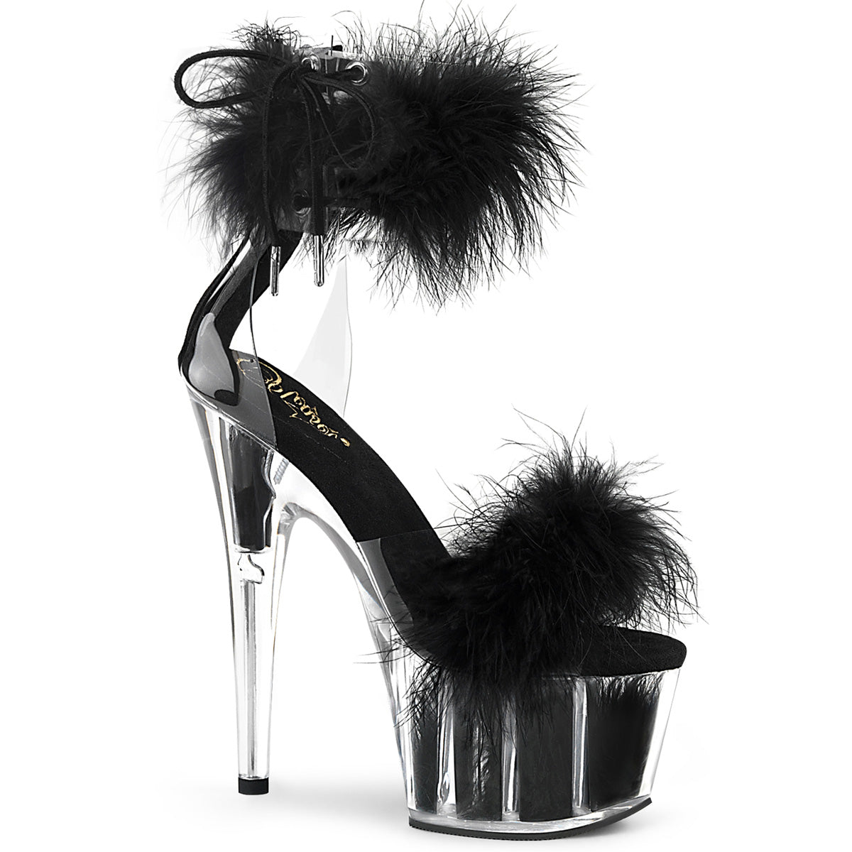 Black Marabou Feather Platform Heels | ADORE-724F Exotic Dance Sandals | 7-Inch Transparent Heel | Rosario’s Boutique