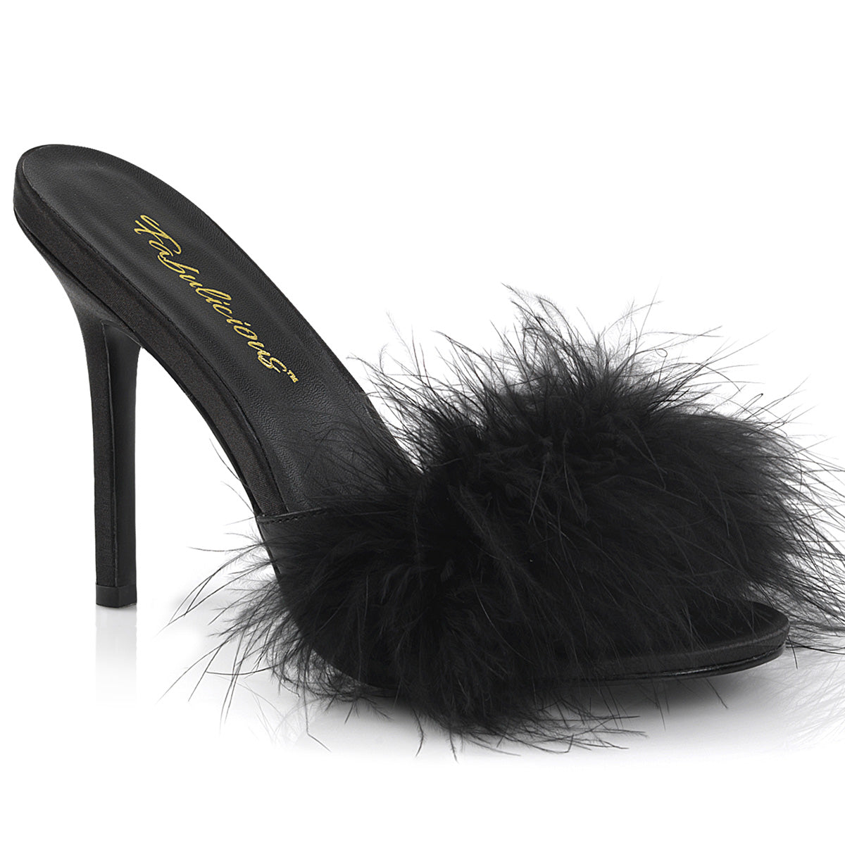 Feather Heel Slippers Black Fluffy Sandals || CLASSIQUE-01F by Fabulicious || Retro Glam Women's Shoes