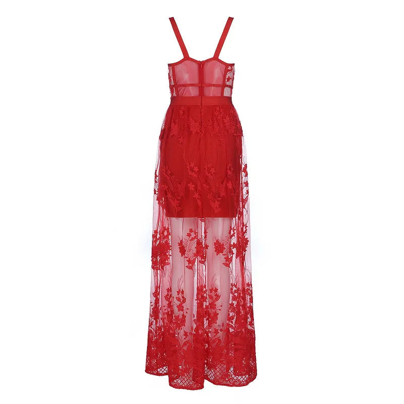 Red Lace Sleeveless Hollow Out Long Rayon Bandage Dress “Small”