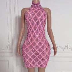 Luxury Sexy Short Evening Dresses Women Night  Pink