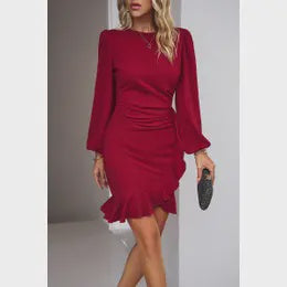 LONG SLEEVE CREW NECK SHORT WRAP DRESS WINE