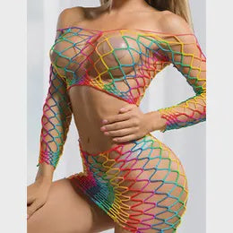 Rainbow Long Sleeve 2 PC Fishnet Bodystocking SM