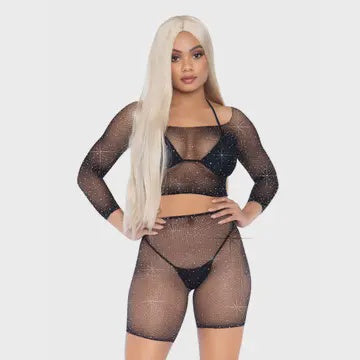 Fishnet Crop Top & Bike Shorts Black