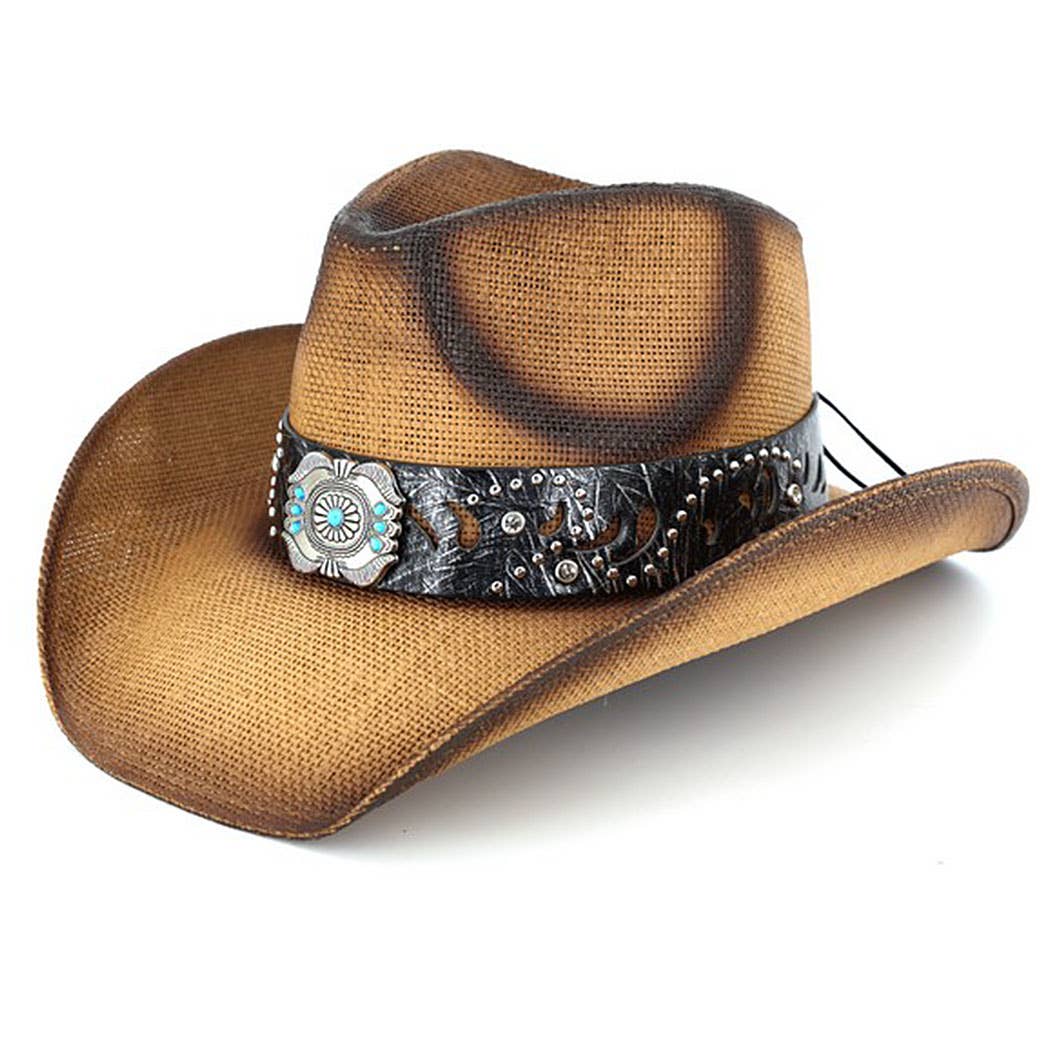 Vintage Straw CowboyHat With Turquoise Gem Flower ConchoBand