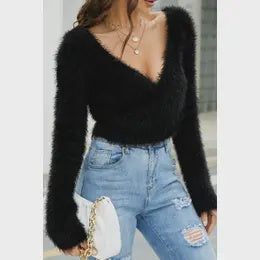 WOMEN SEXY V NECK KNITTED CROP SWEATSHIRT  Black