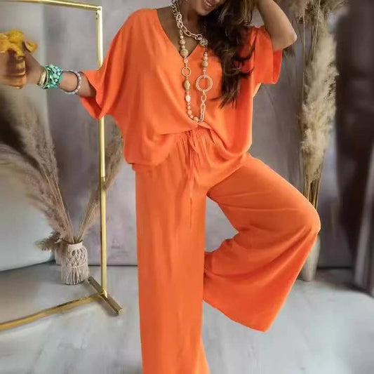 V-Neck Bat-Sleeve Casual Top Wide-Leg Pants Set