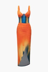 Print V-neck Ruched Maxi Dress