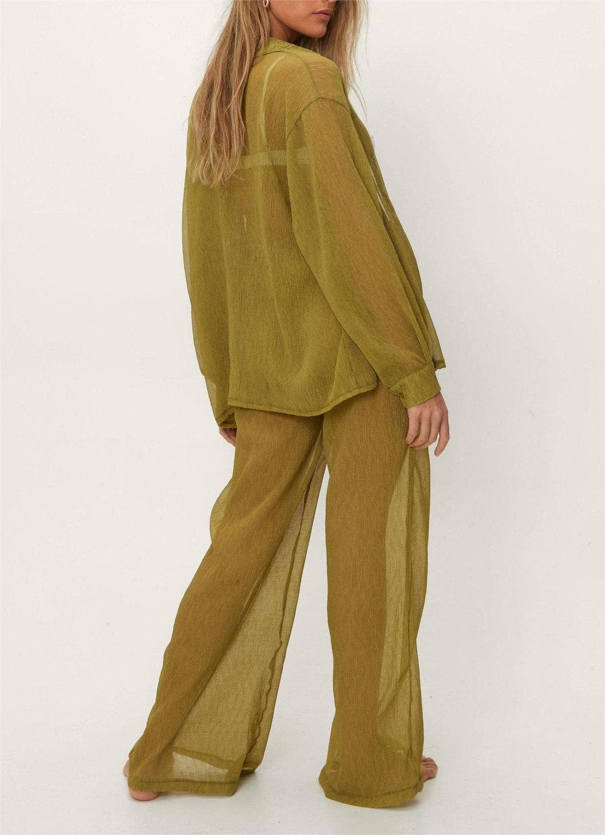 Beach cover up shirt pants set sheer sunscreen 2 pcs