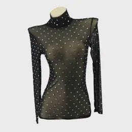 Mesh Long Sleeve with Rhinestone Top Black L