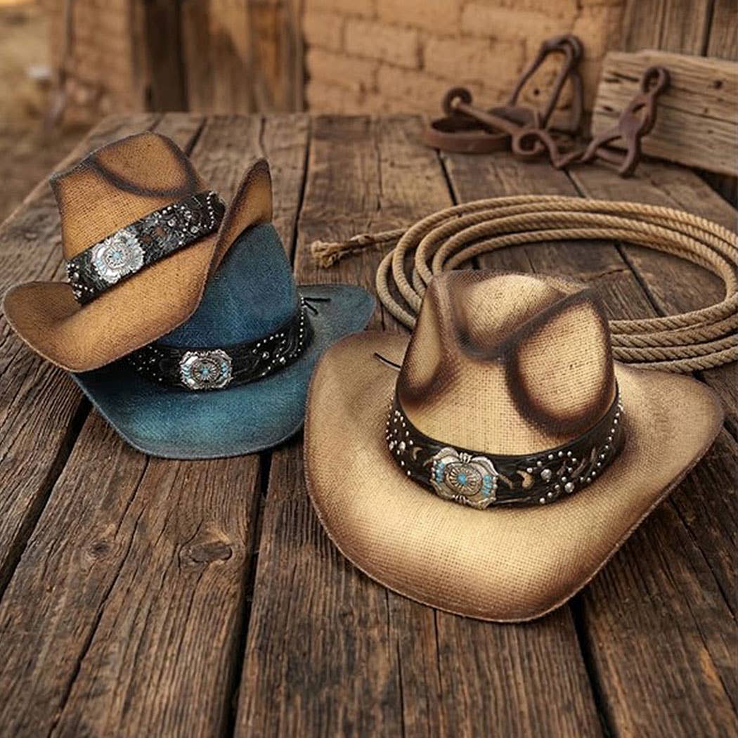 Vintage Straw CowboyHat With Turquoise Gem Flower ConchoBand