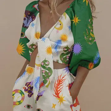 Puff Sleeve Blouse Short Set