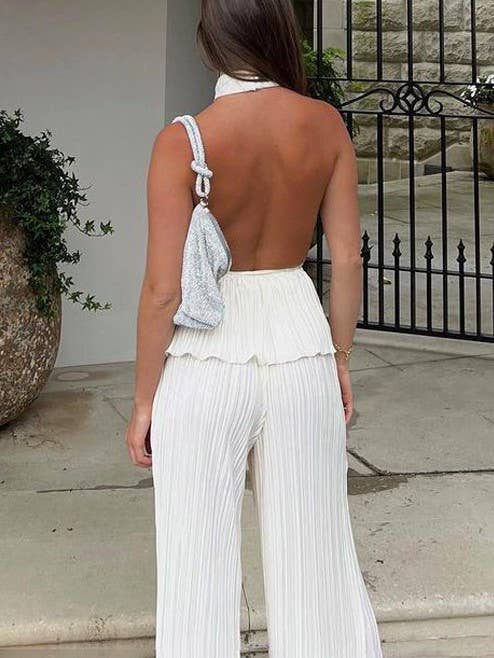 Halterneck Sexy Tank Top Pleated Trouser Set