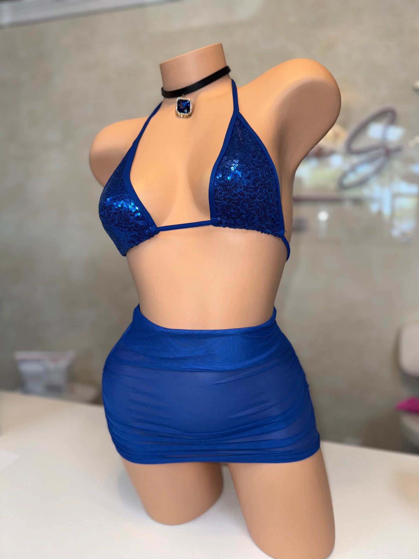 2 Pieces set on Royal Blue-Free Size top with see through Skirt