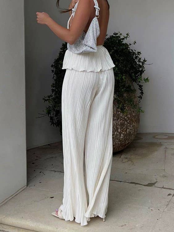 Halterneck Sexy Tank Top Pleated Trouser Set