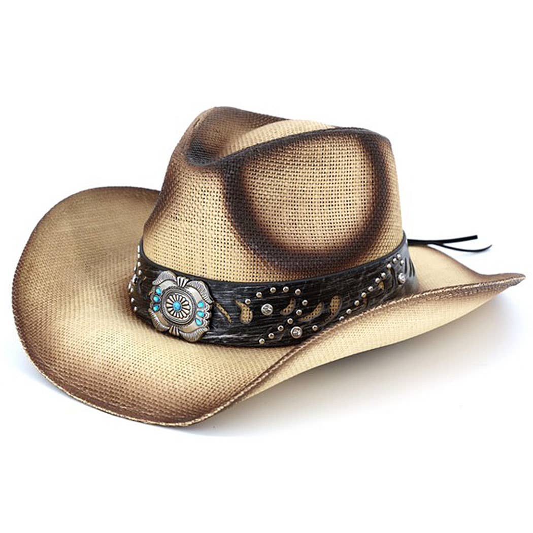 Vintage Straw CowboyHat With Turquoise Gem Flower ConchoBand