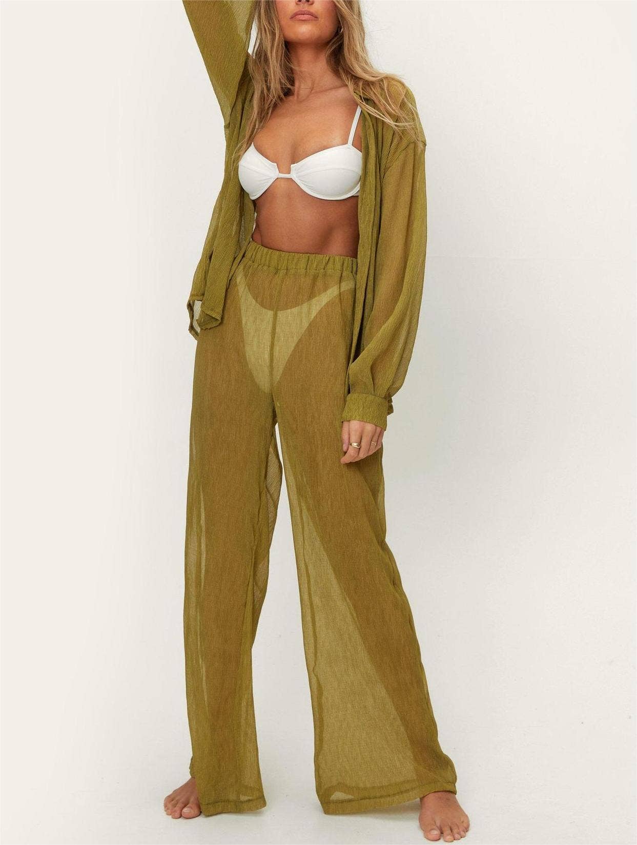 Beach cover up shirt pants set sheer sunscreen 2 pcs