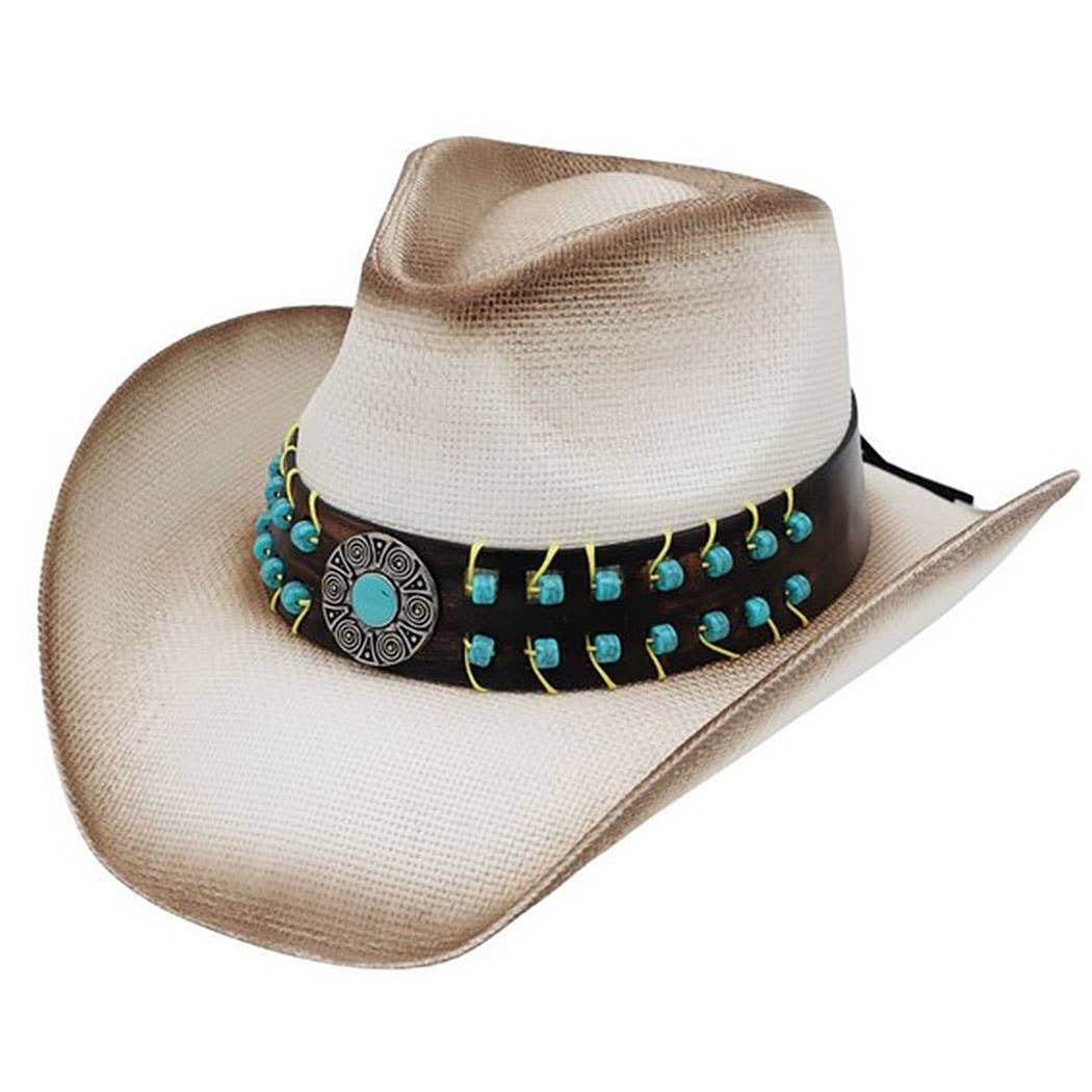 Vintage Turquoise Beaded Straw Cowboy Hat