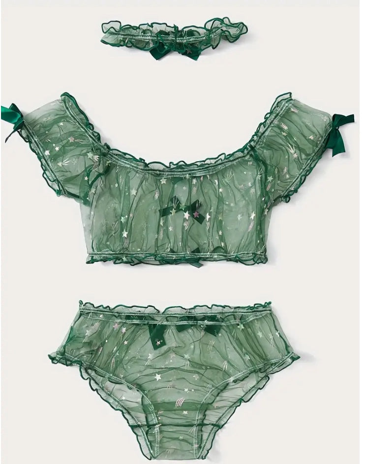 Star Pattern Mesh Lingerie Set