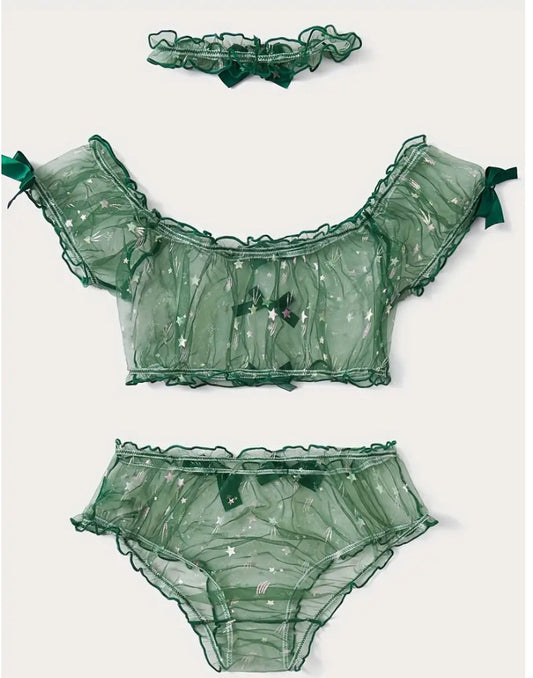 Star Pattern Mesh Lingerie Set