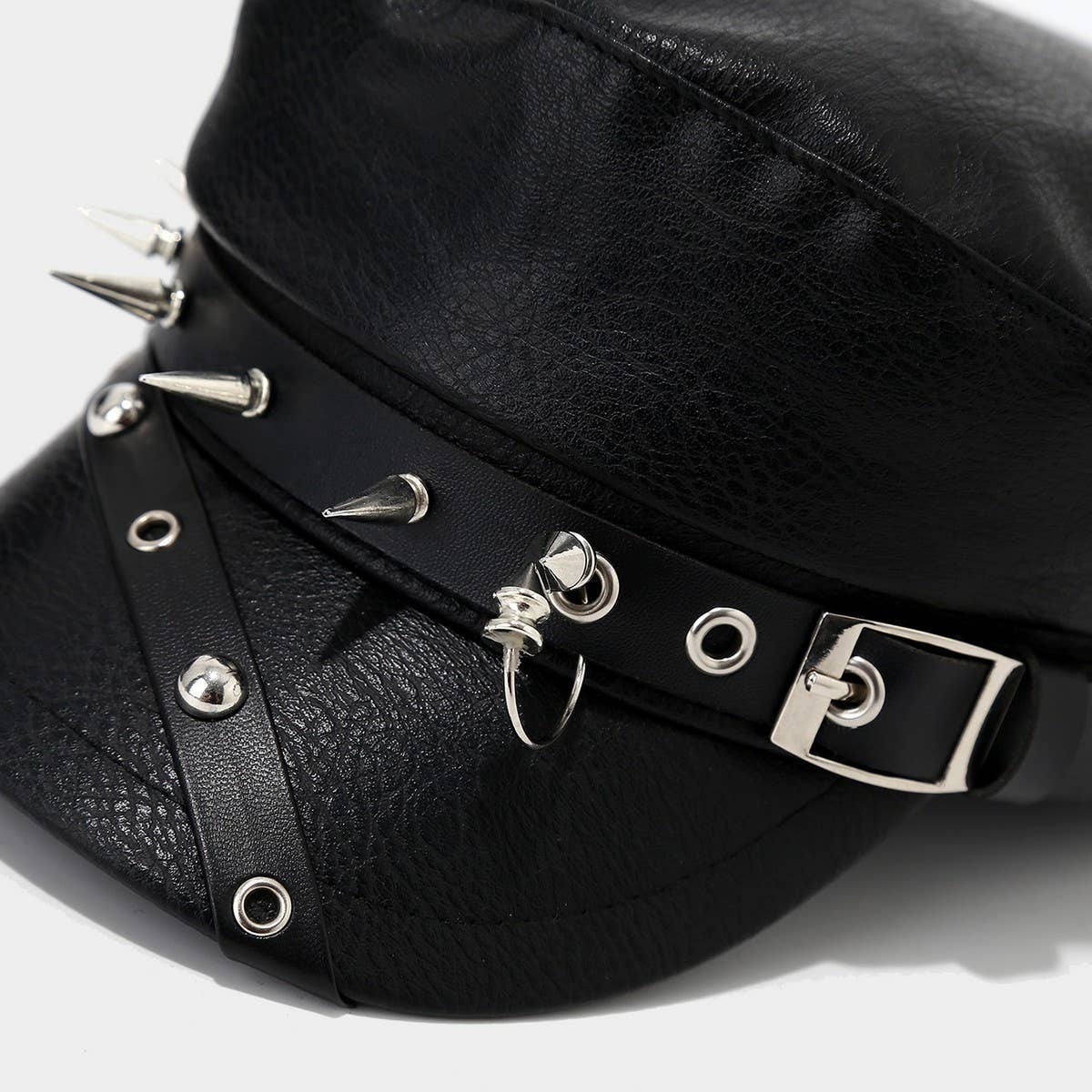 Punk Leather Flat Top Cap Studded Army Hat