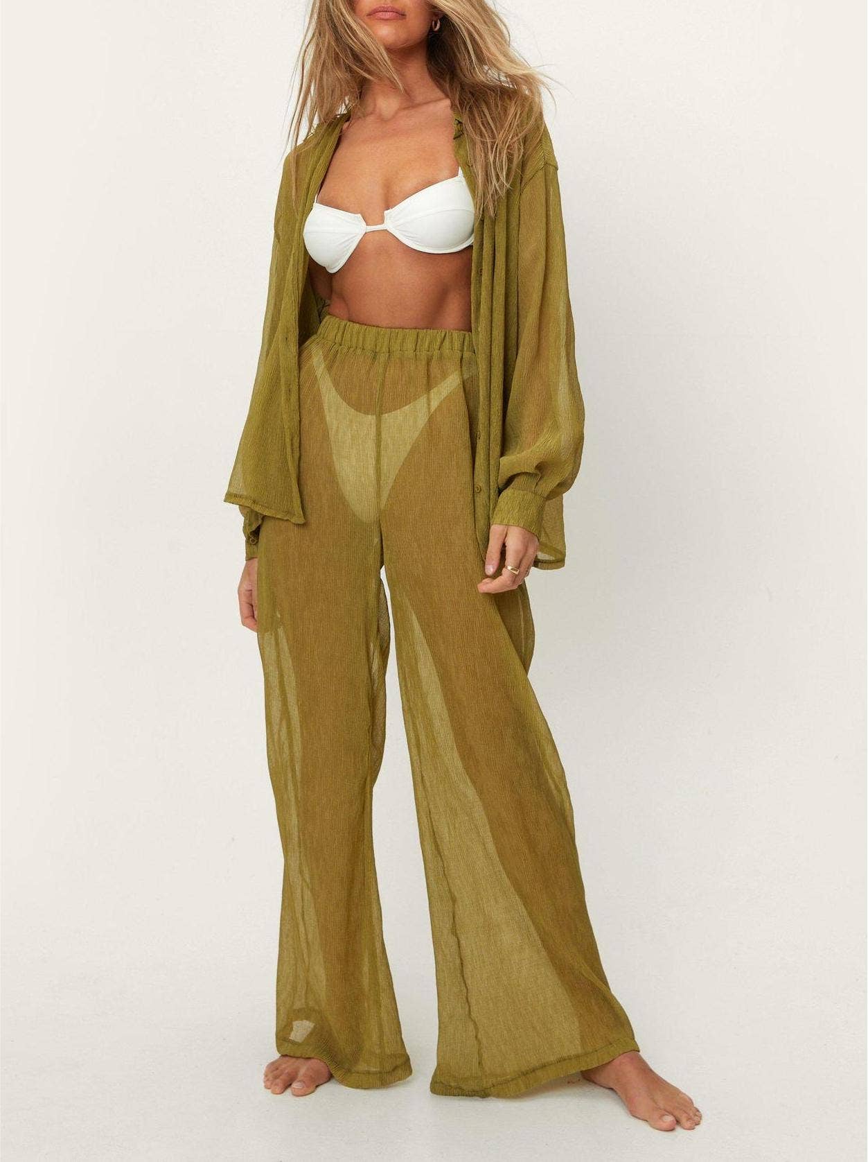 Beach cover up shirt pants set sheer sunscreen 2 pcs