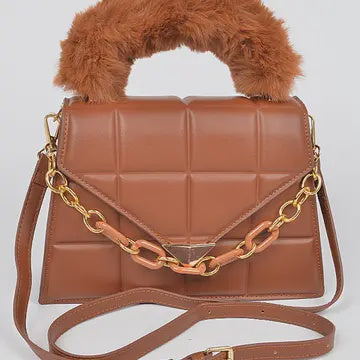 Faux Fur Top Handle Clutch Bag BROWN