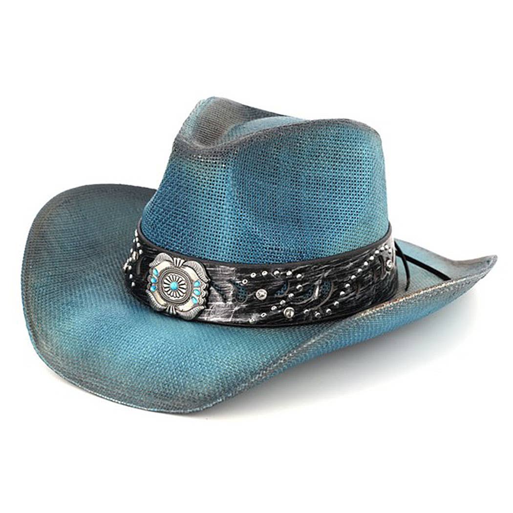 Vintage Straw CowboyHat With Turquoise Gem Flower ConchoBand