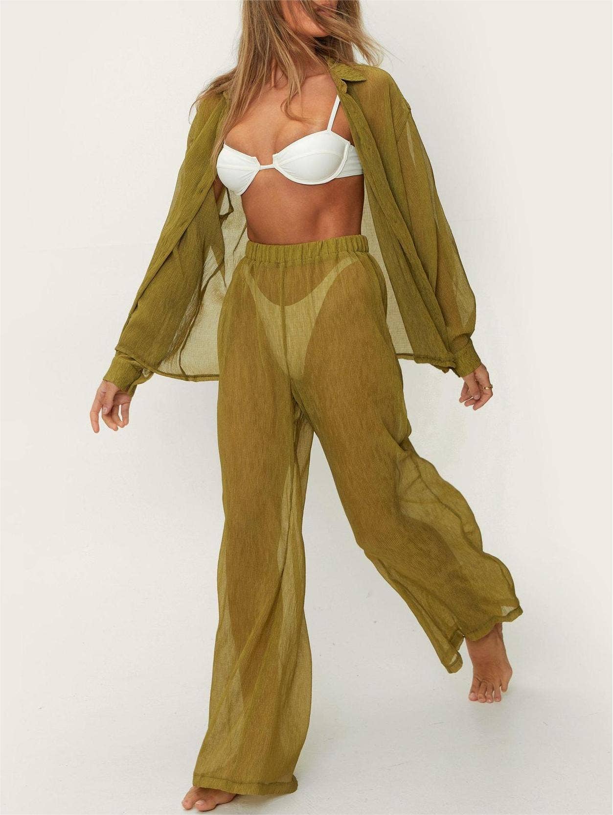Beach cover up shirt pants set sheer sunscreen 2 pcs