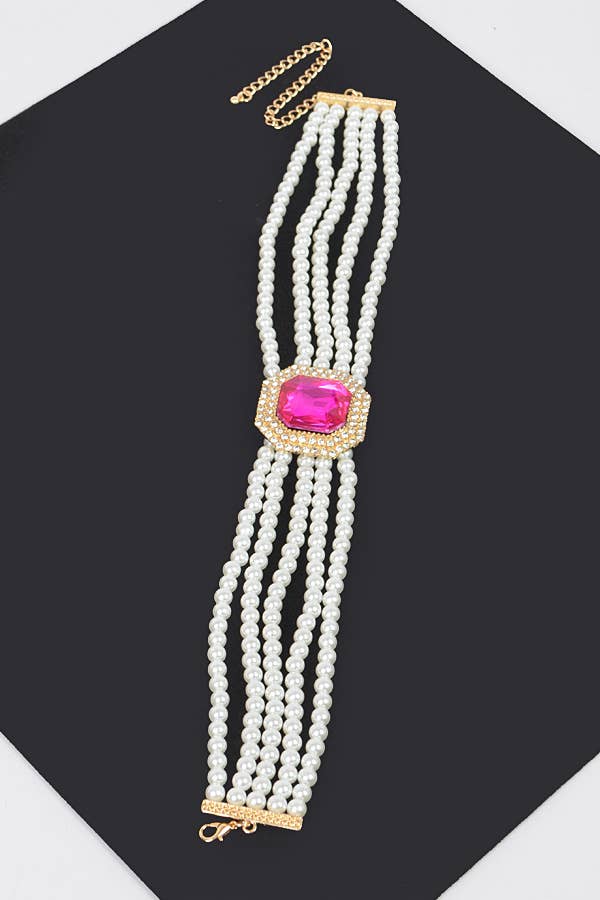Multi Faux Pearl Chain Stone Choker