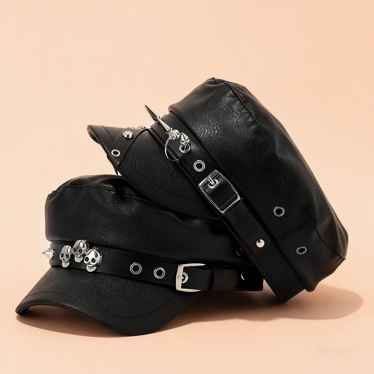 Punk Leather Flat Top Cap Studded Army Hat