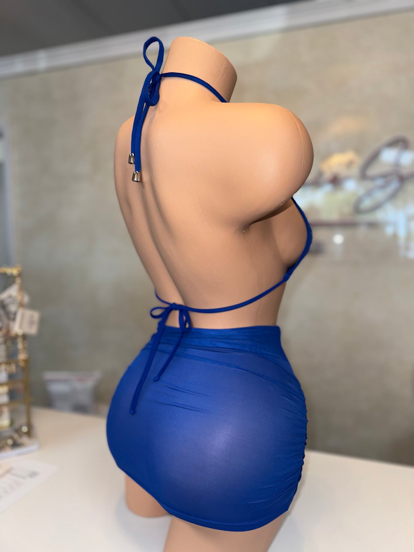 2 Pieces set on Royal Blue-Free Size top with see through Skirt
