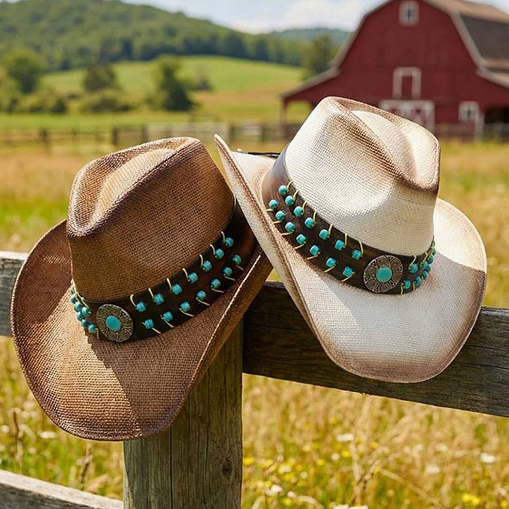 Vintage Turquoise Beaded Straw Cowboy Hat