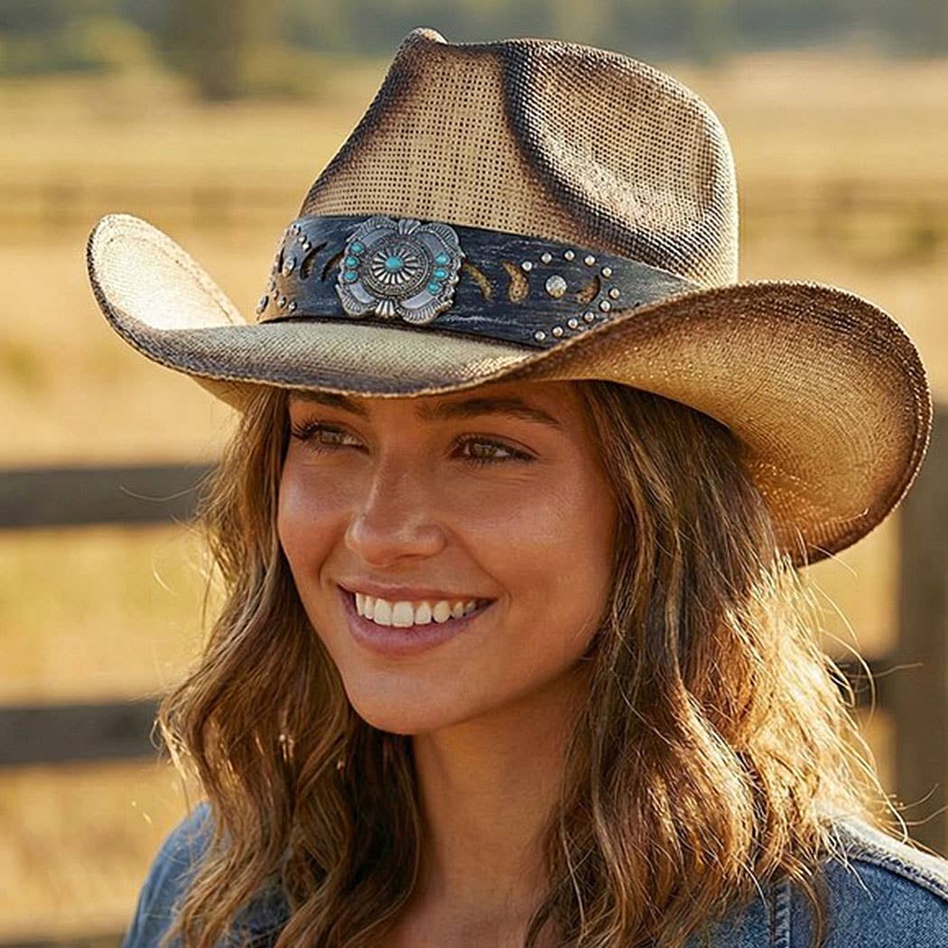 Vintage Straw CowboyHat With Turquoise Gem Flower ConchoBand