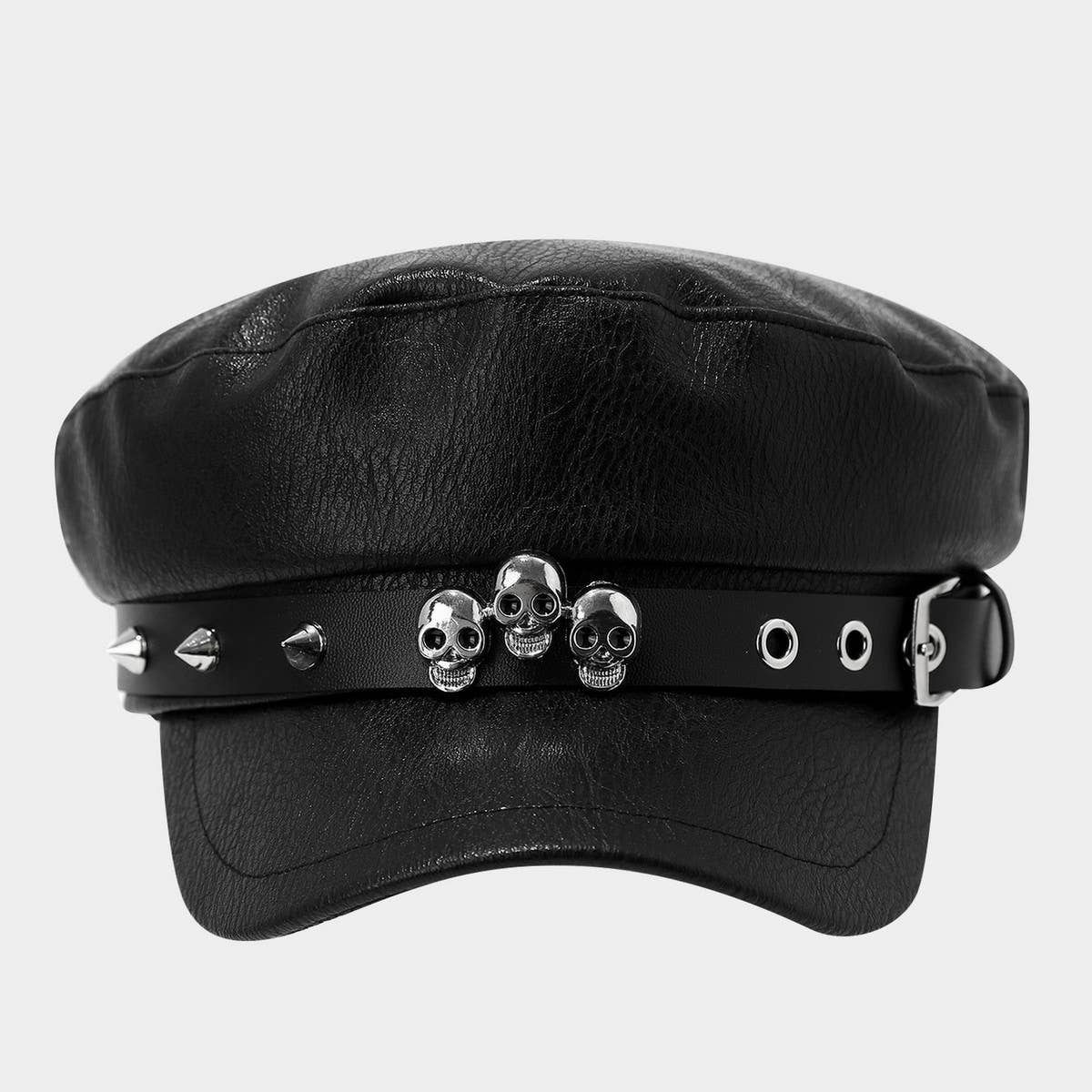 Punk Leather Flat Top Cap Studded Army Hat