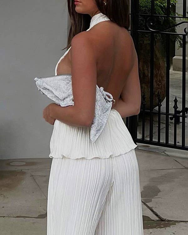 Halterneck Sexy Tank Top Pleated Trouser Set