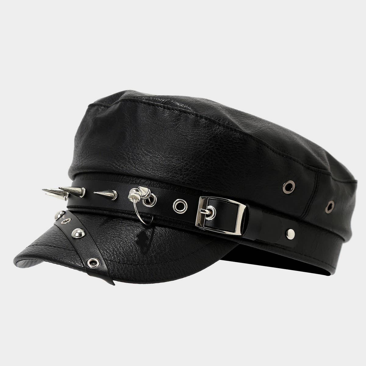 Punk Leather Flat Top Cap Studded Army Hat